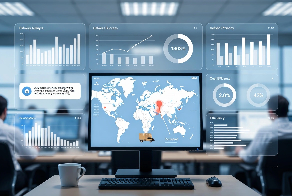 BI dashboard with holographic panels: delivery stats, efficiency, world map rerouting