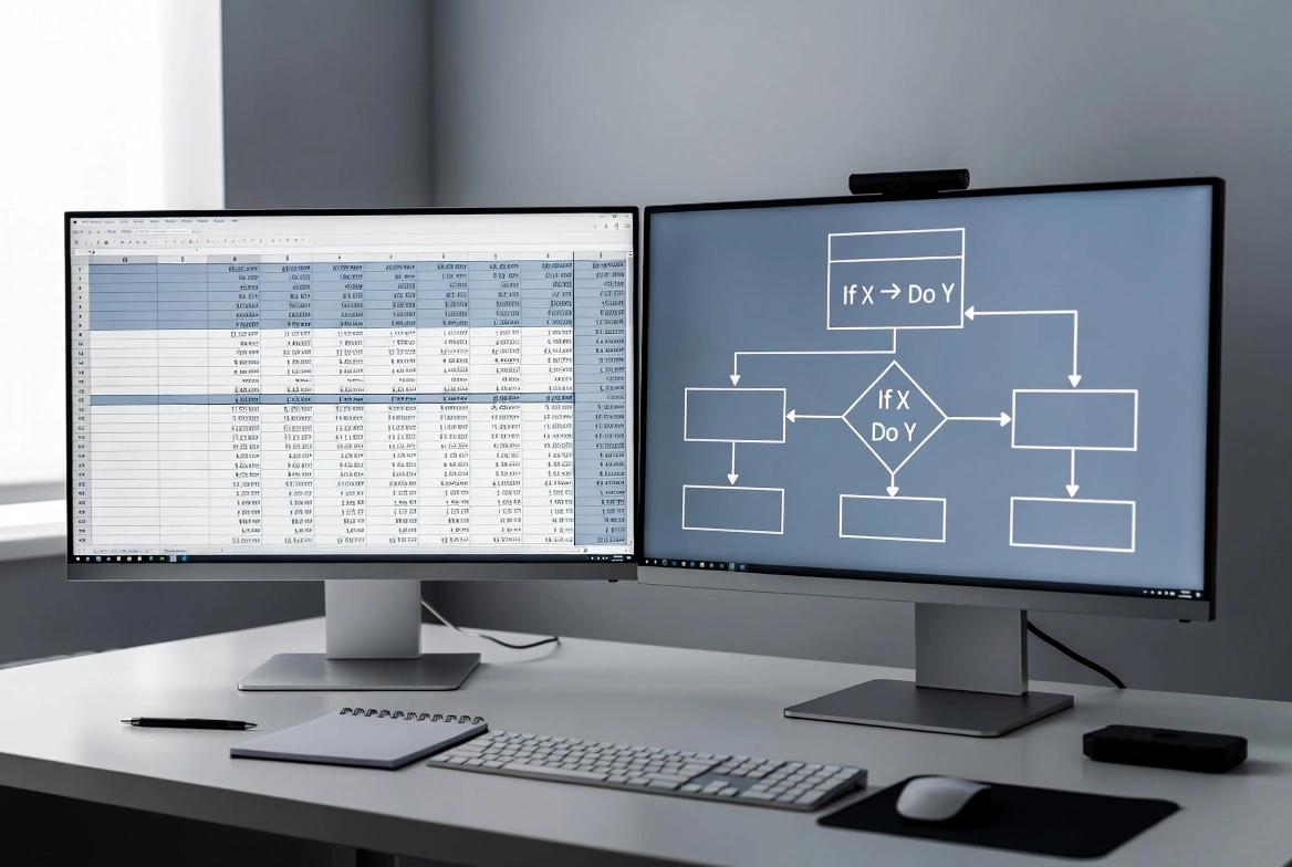 Dual-monitor setup: left вЂ” spreadsheet with data, right вЂ” flowchart with If в†’ Do Y logic