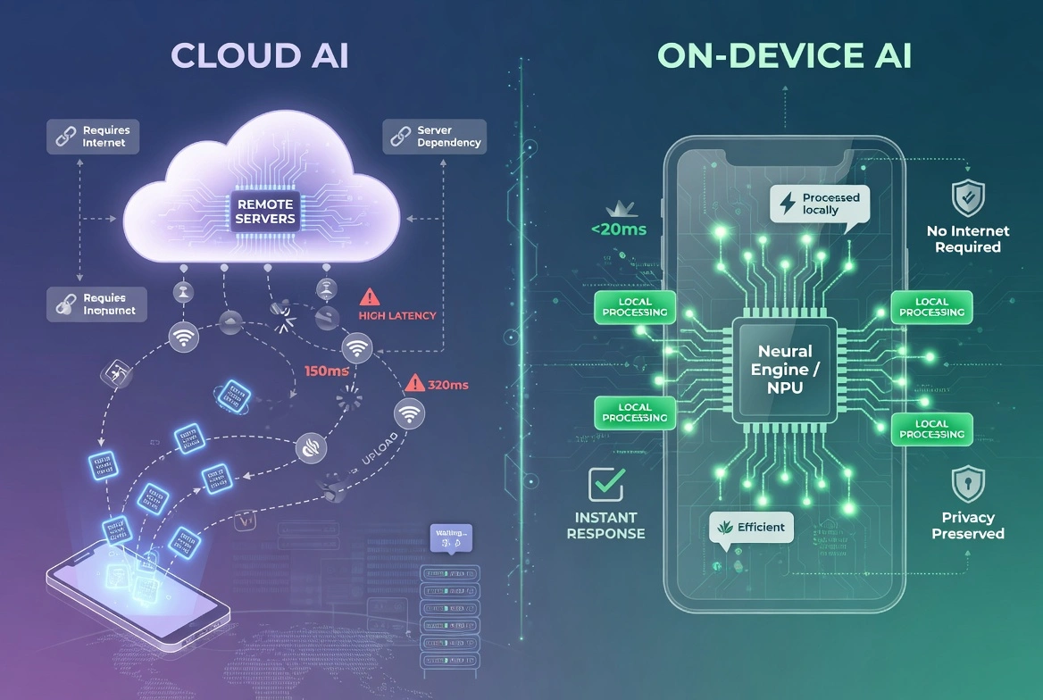Cloud AI vs On-Device AI comparison: latency, internet, and privacy