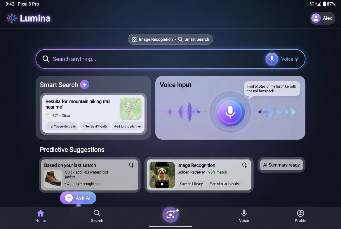Dark-themed Lumina AI app with smart search, voice input, and image recognition