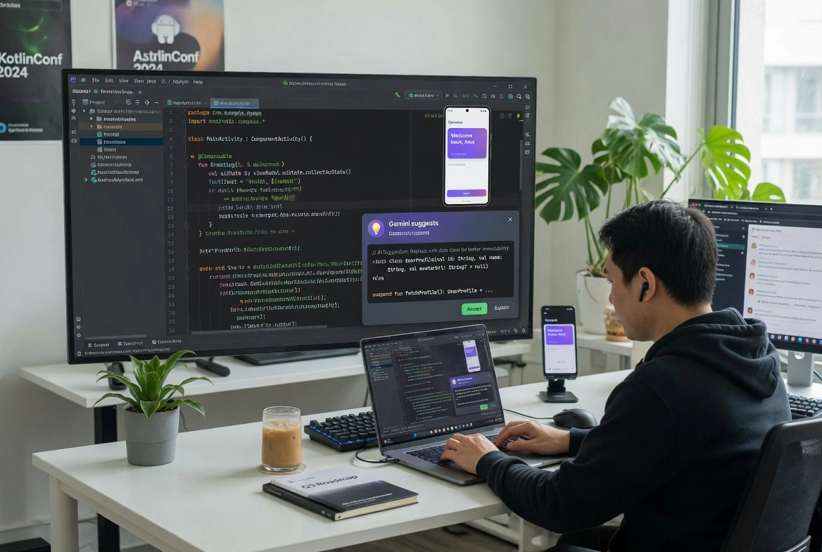 Developer working with Gemini AI code suggestions in a programming environment