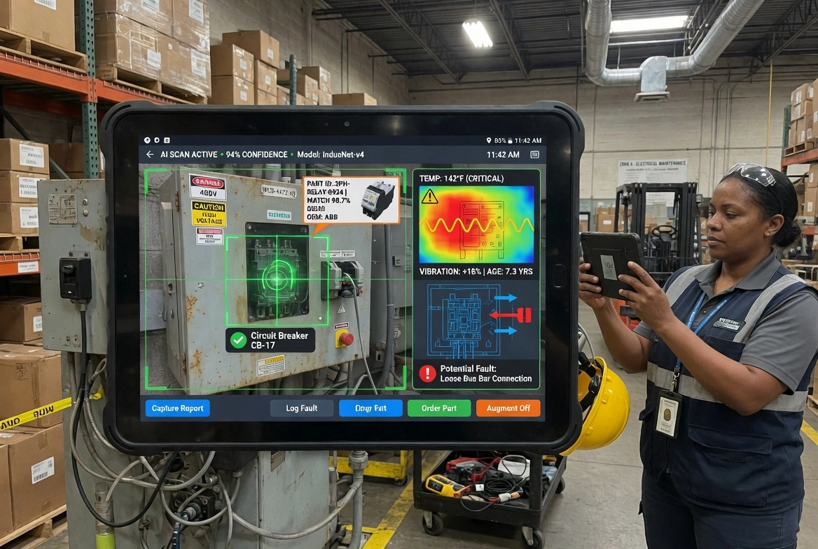 Technician using AI tablet for industrial equipment diagnostics in a factory