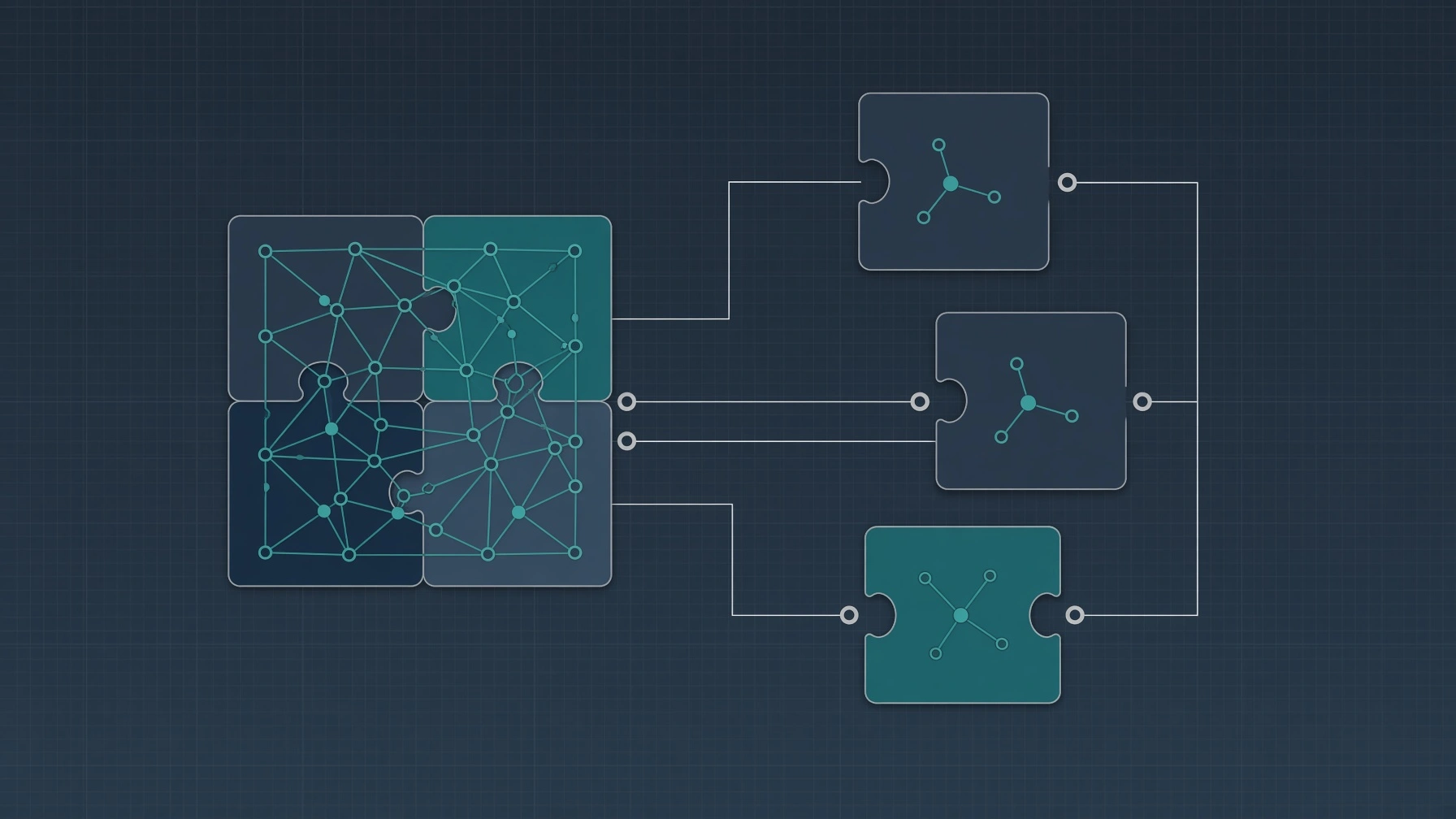 Puzzle tiles with connected network nodes linked to smaller network modules