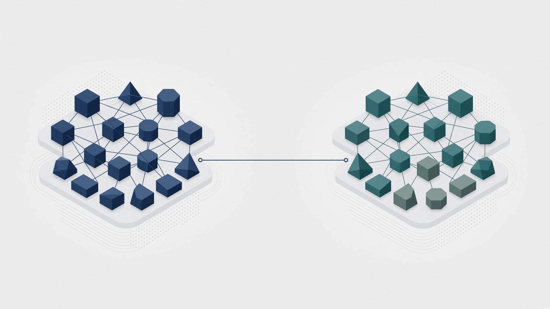 Two isometric platforms of connected 3D cubes and pyramids joined by a line