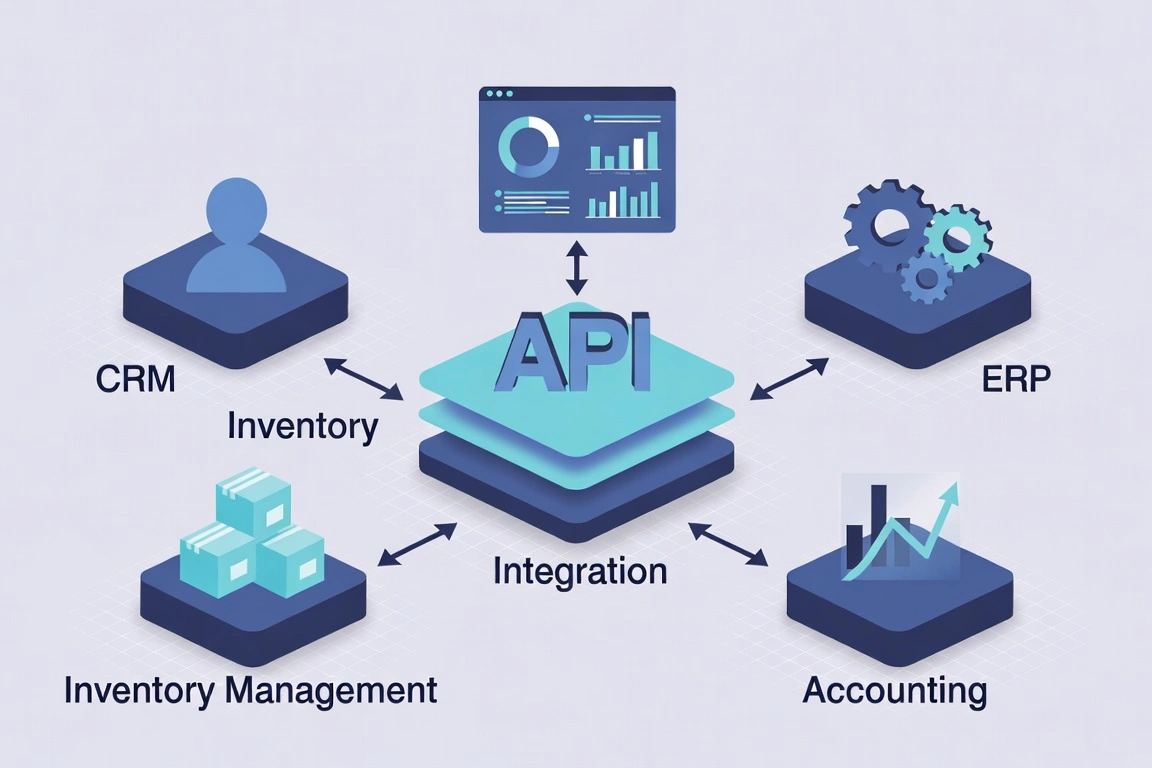 Central API integration diagram connecting CRM, ERP, Inventory Management, and Accounting systems