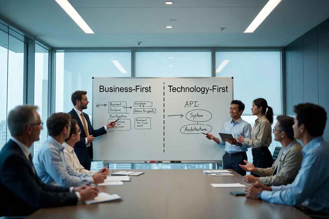 Presenter explaining Business-First vs Technology-First approaches on whiteboard in conference room