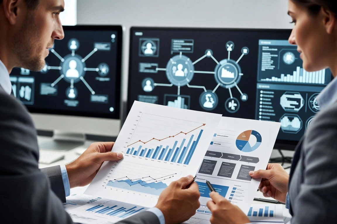Professionals reviewing financial charts and data visualizations in a modern office with analytics screens