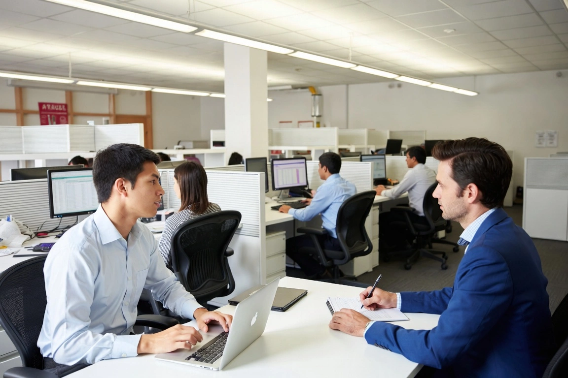 Two businessmen discussing at a desk in a busy open-plan office with colleagues working in background