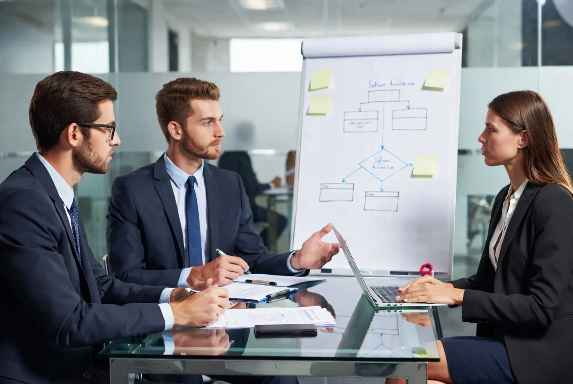Business professionals in suits discussing software architecture on a whiteboard during a meeting