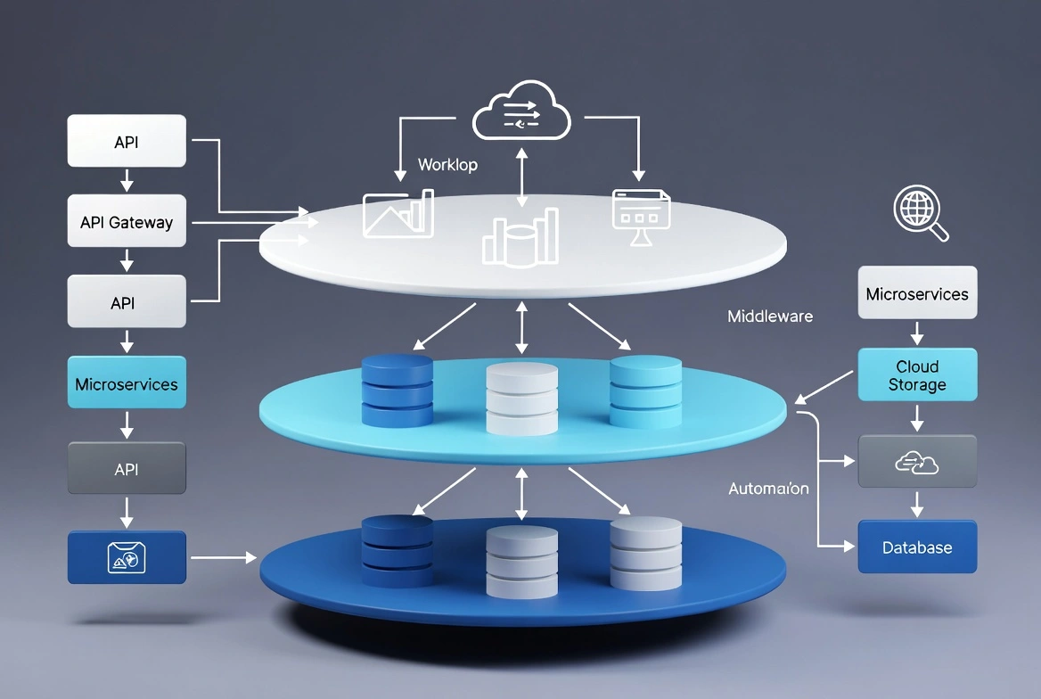 Layered diagram of modern software architecture with API gateway, microservices, middleware and cloud storage