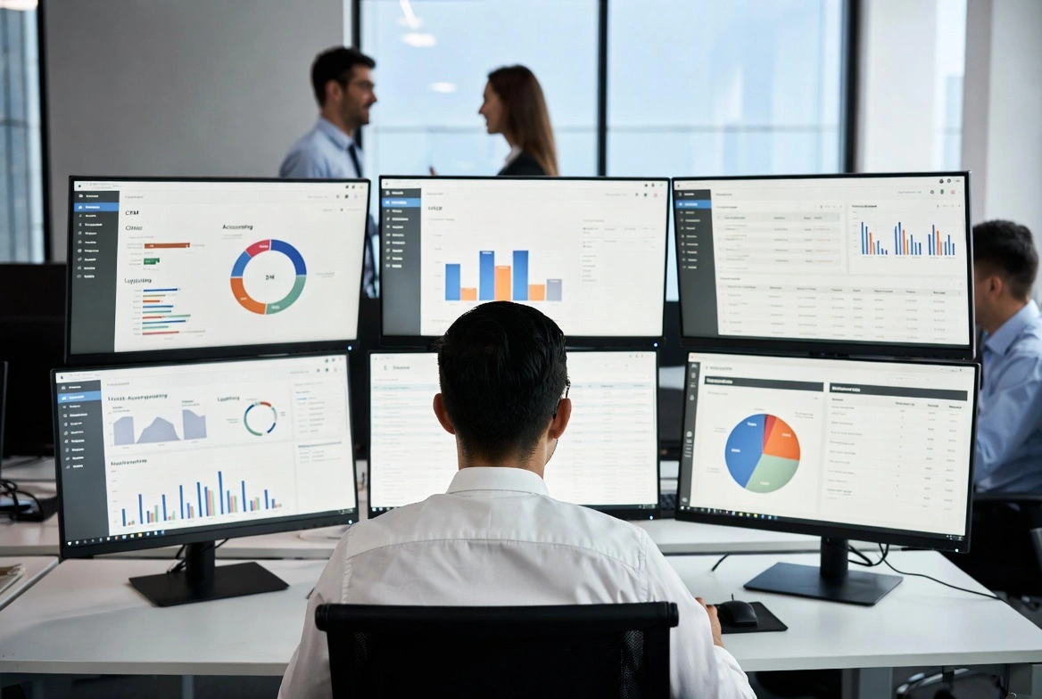 Man working at a multi-monitor workstation displaying business analytics dashboards and charts