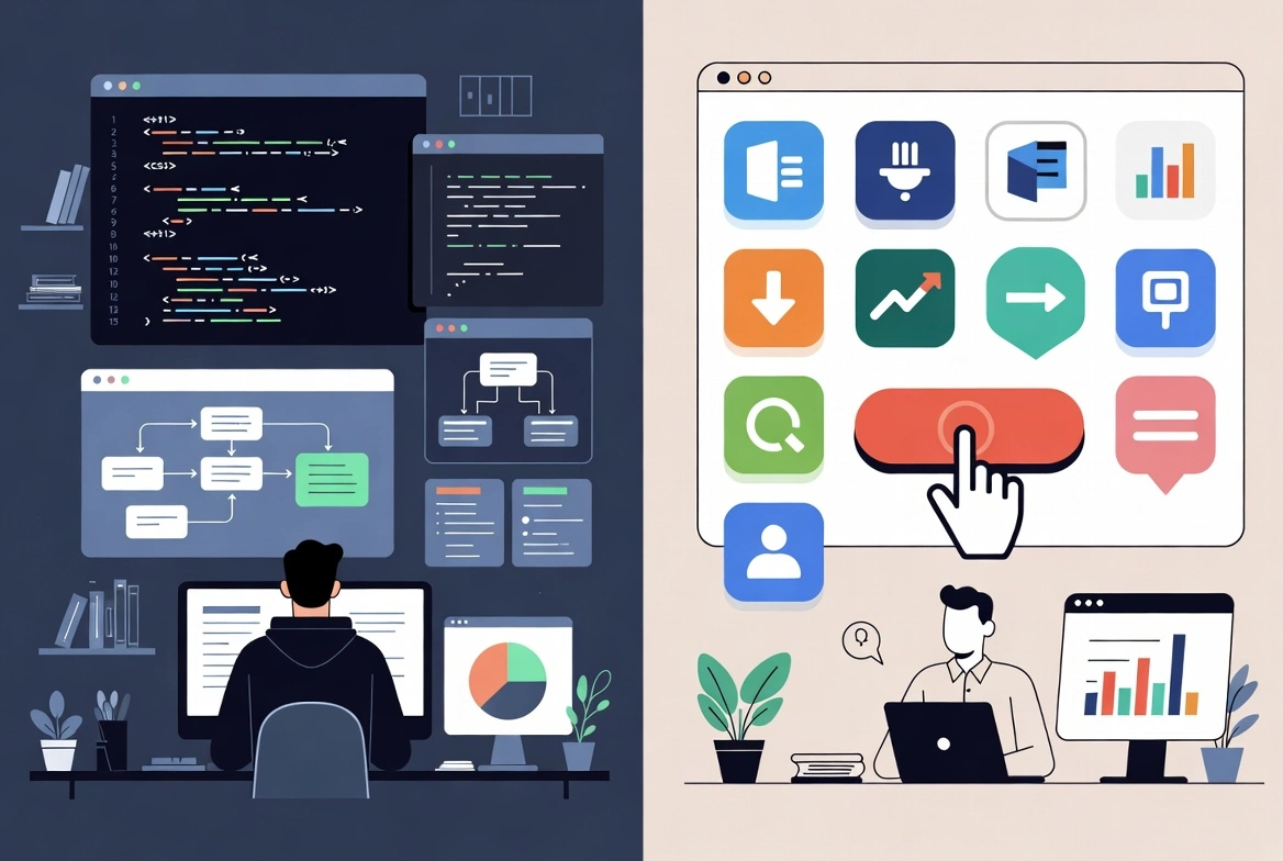 Split illustration: developer coding with flowcharts on the left, software interface icons and user interaction on the right
