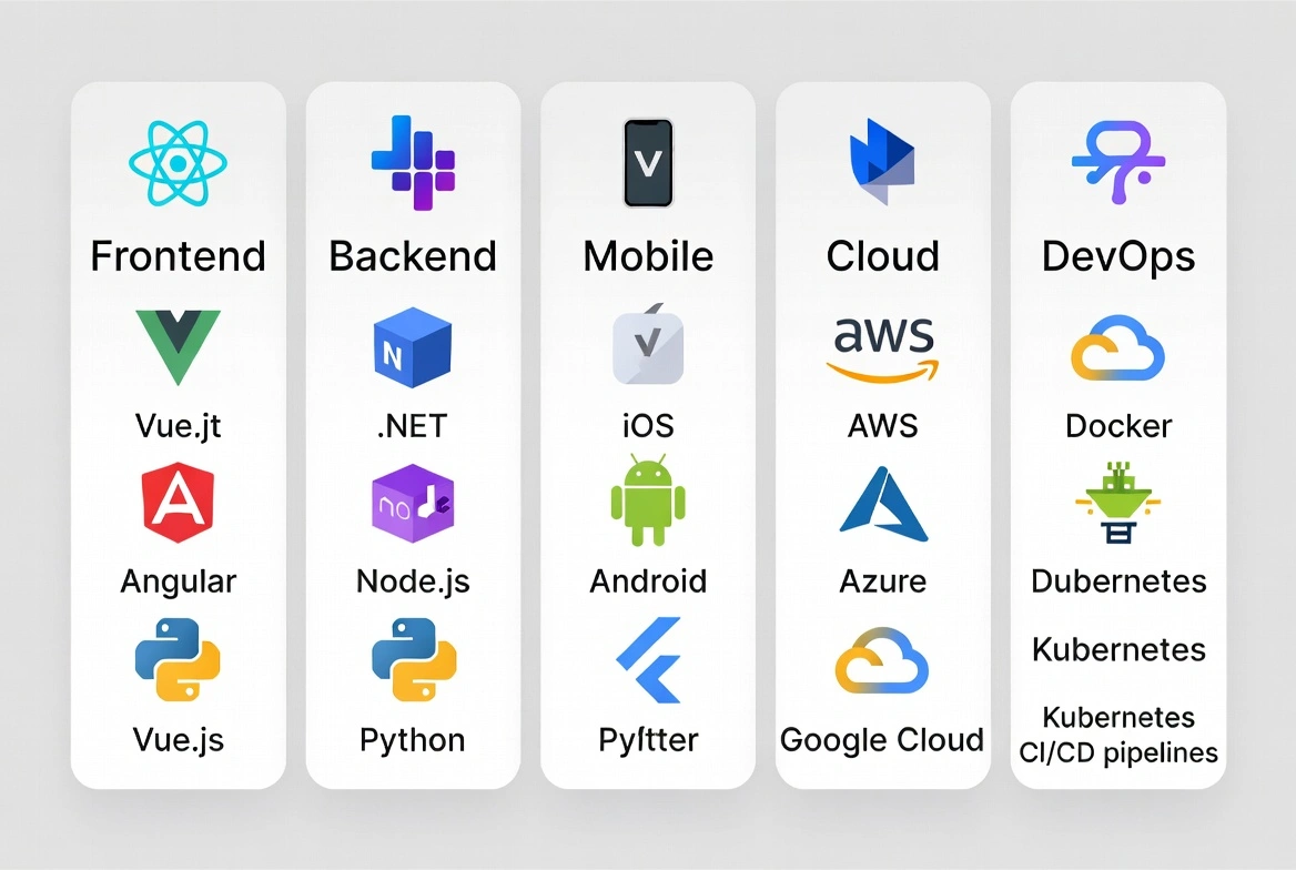 Tech stack icons: Frontend, Backend, Mobile, Cloud, DevOps