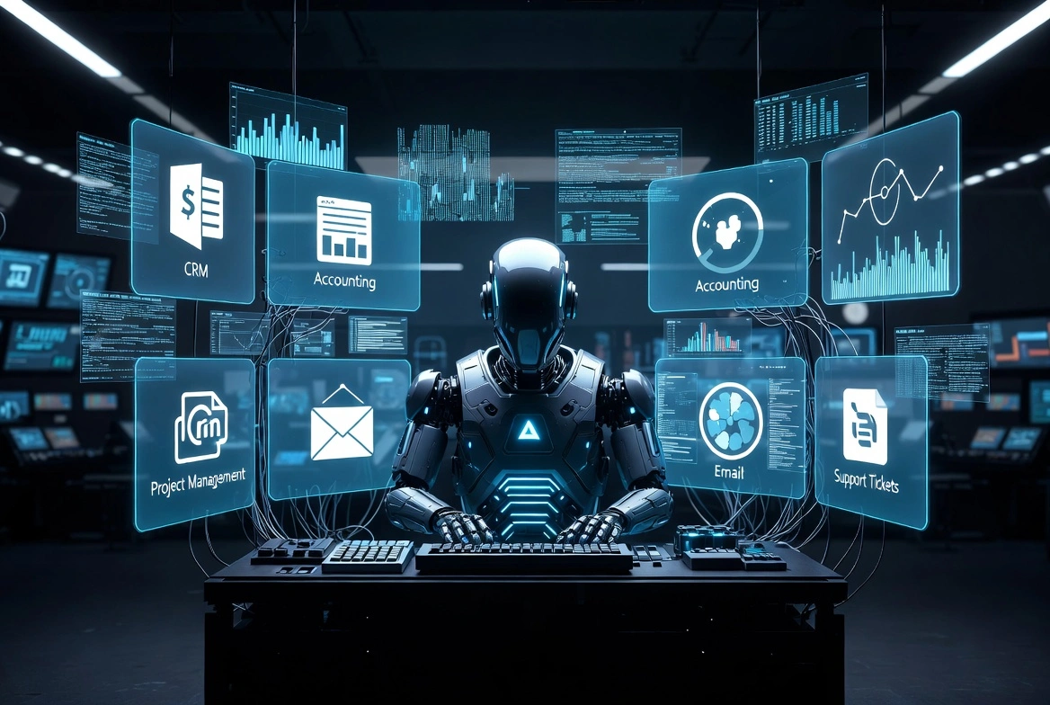 Cybernetic AI robot at workstation integrating CRM, accounting, email, and support data