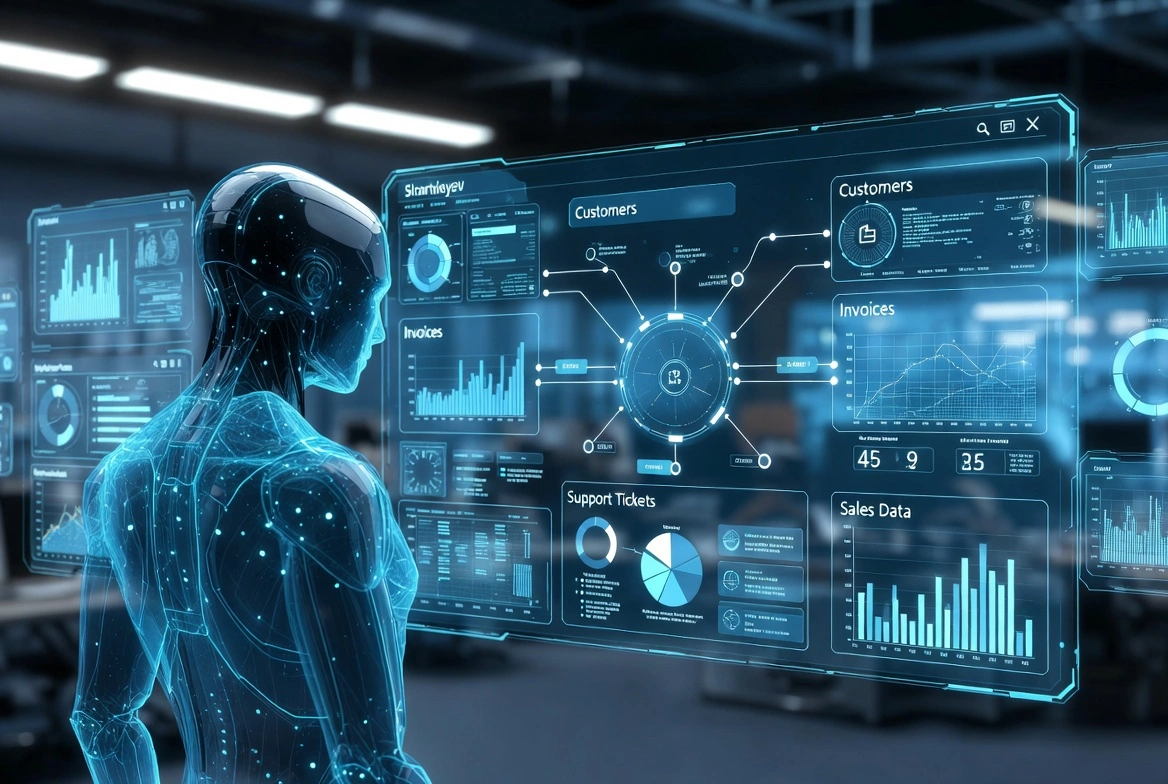 Futuristic AI hologram displaying CRM customers, invoices, support tickets, and analytics