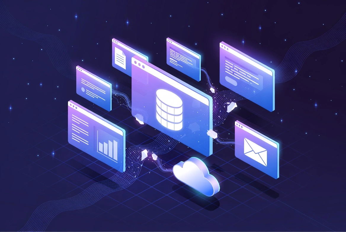 Interconnected cloud apps and databases flowing data into a central AI hub in blue tones