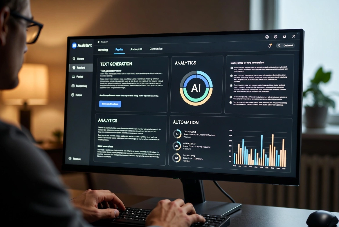 AI assistant dashboard: Person working at computer with AI interface displaying text generation, analytics, and automation tools