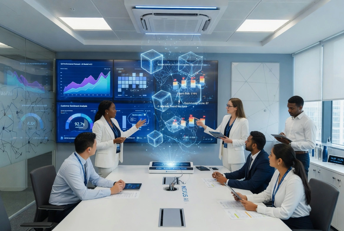 AI strategy meeting: Diverse team in modern conference room discussing holographic data visualizations and 3D projections