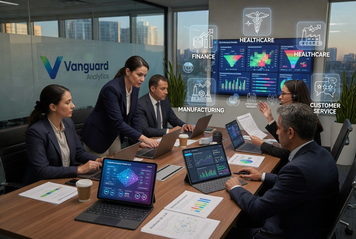 Business analytics meeting: Professionals reviewing dashboards and industry icons for finance, healthcare, manufacturing, and customer service