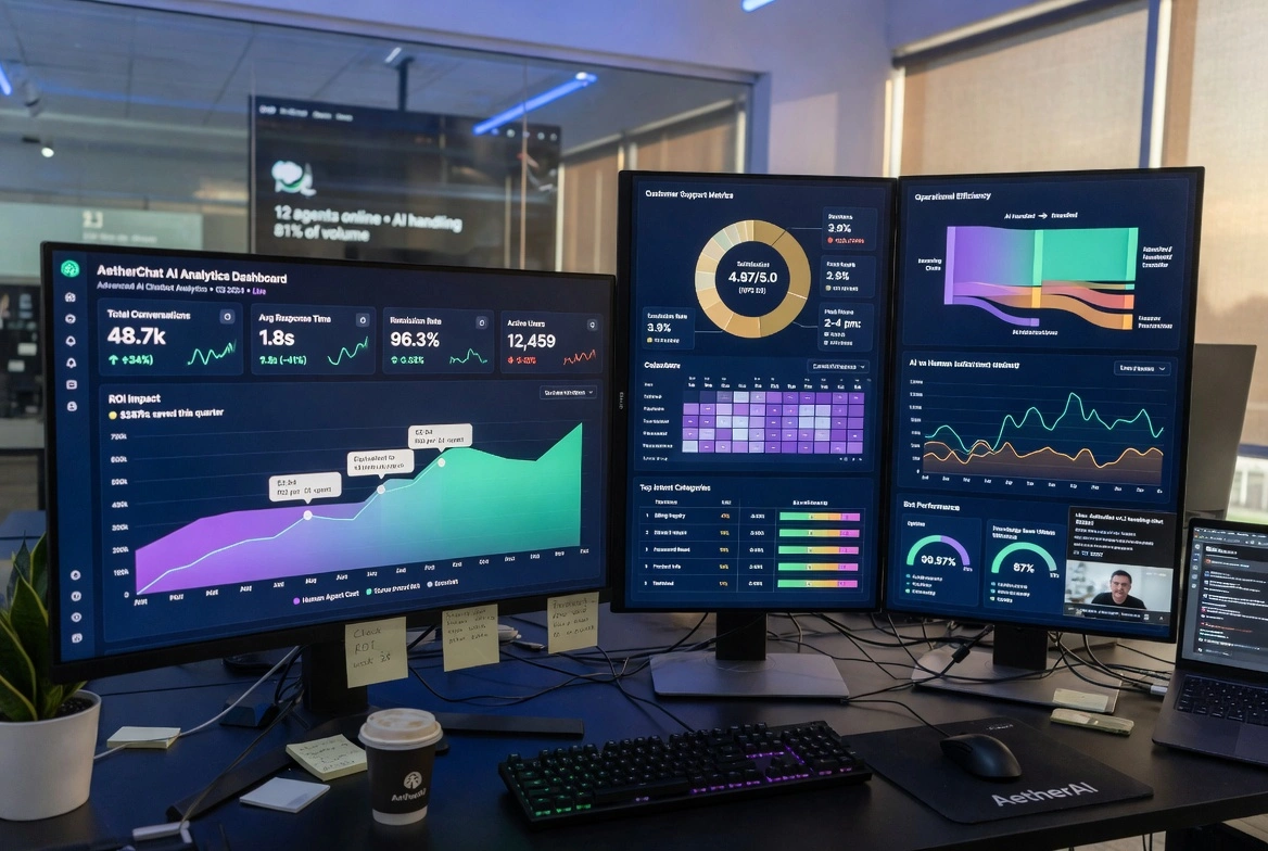 Advanced AI analytics dashboard on multiple monitors showing conversation metrics, ROI impact, and performance charts