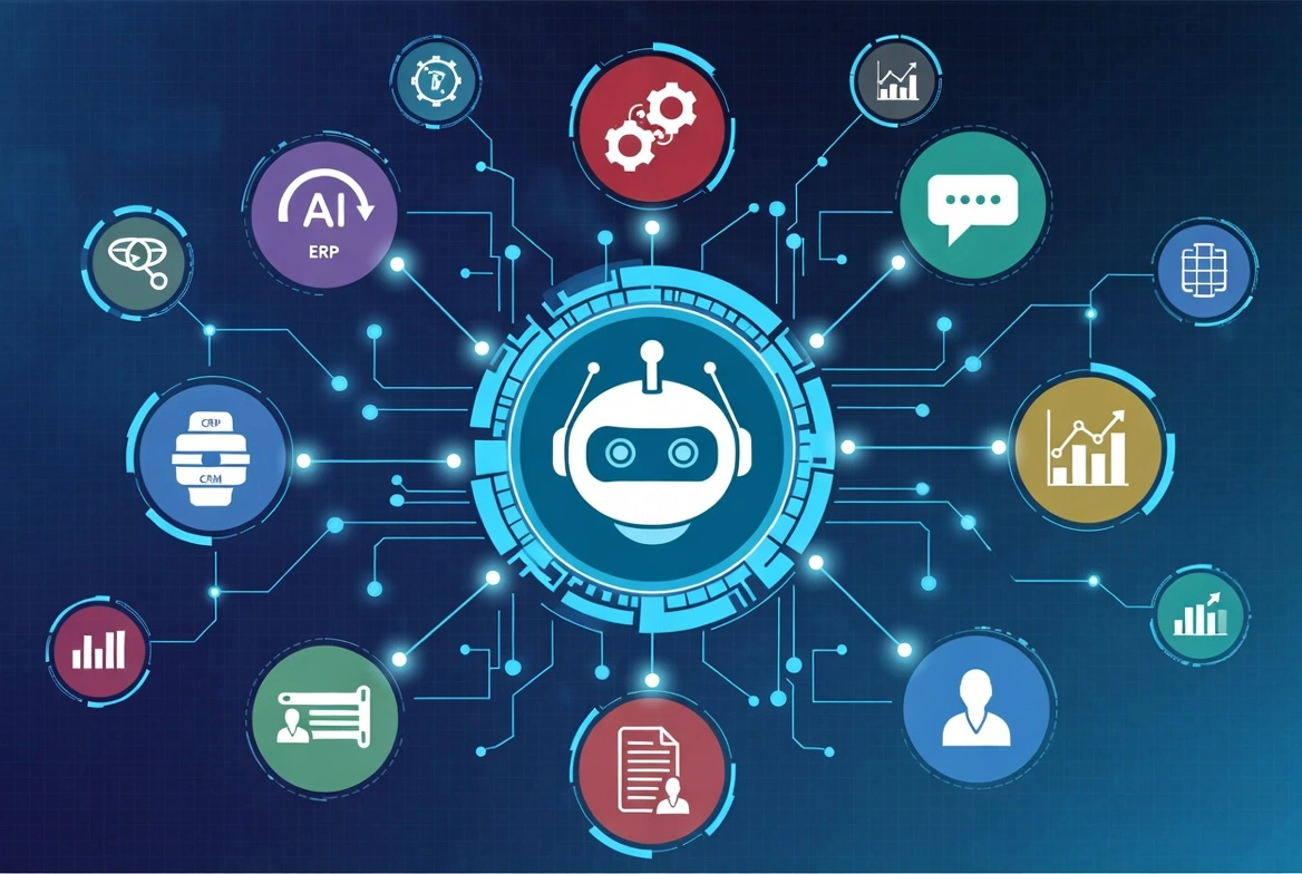 Central AI robot icon connected to business technology icons including ERP, CRM, analytics, and automation on a digital network