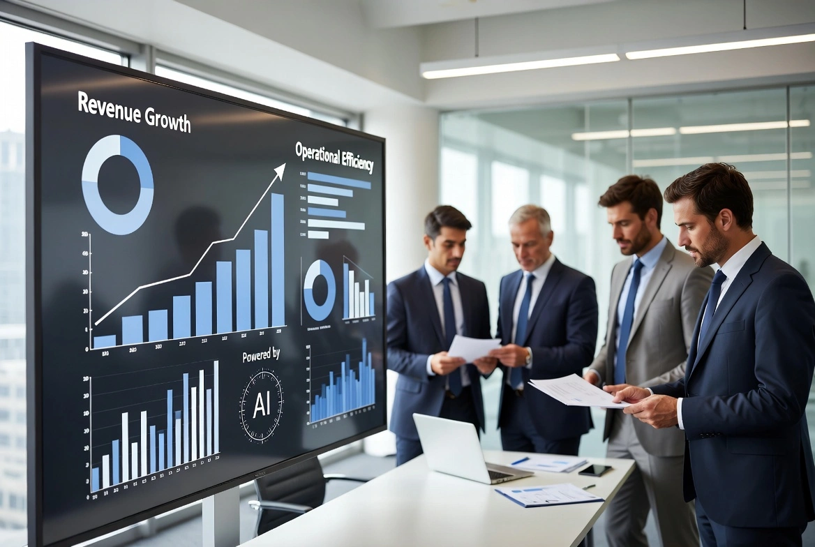 Business professionals in suits reviewing revenue growth and operational efficiency charts on a large screen with AI elements