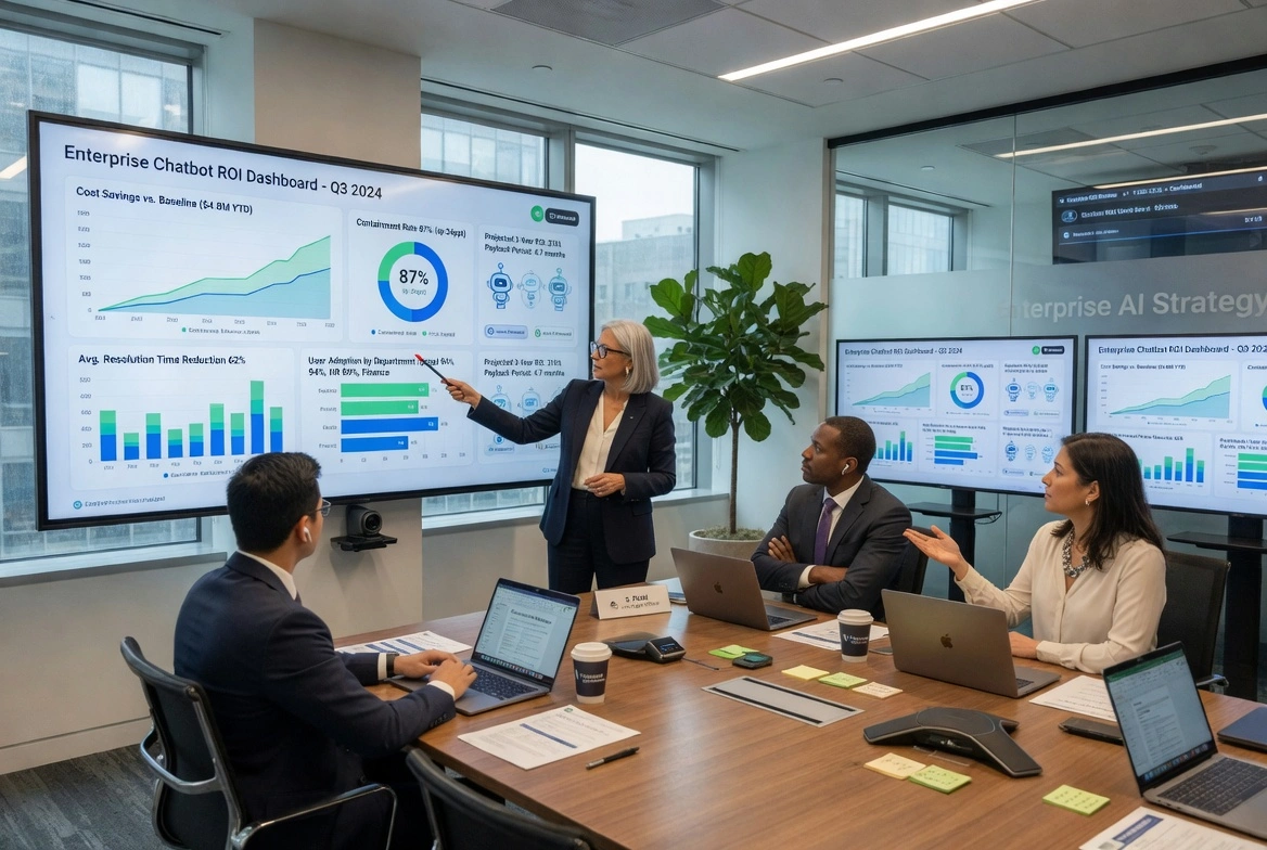 Businesswoman presenting enterprise chatbot ROI dashboard with cost savings and performance metrics in a modern meeting room
