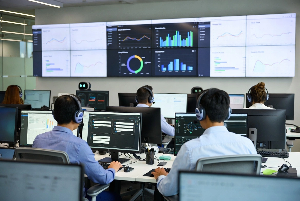 Modern customer support office with team members wearing headsets working at desks with multiple data dashboards