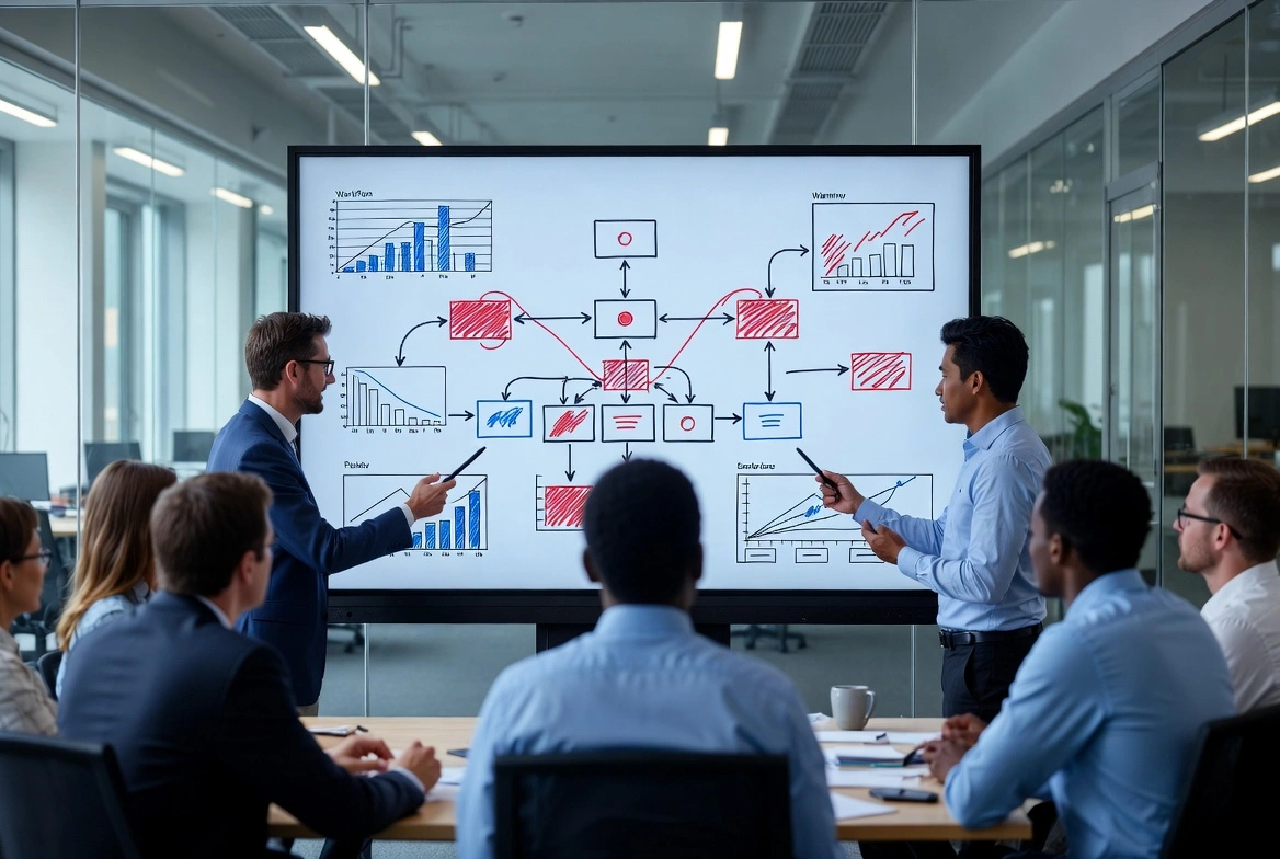 Business team in meeting room presenting and discussing complex flowchart with charts on large screen