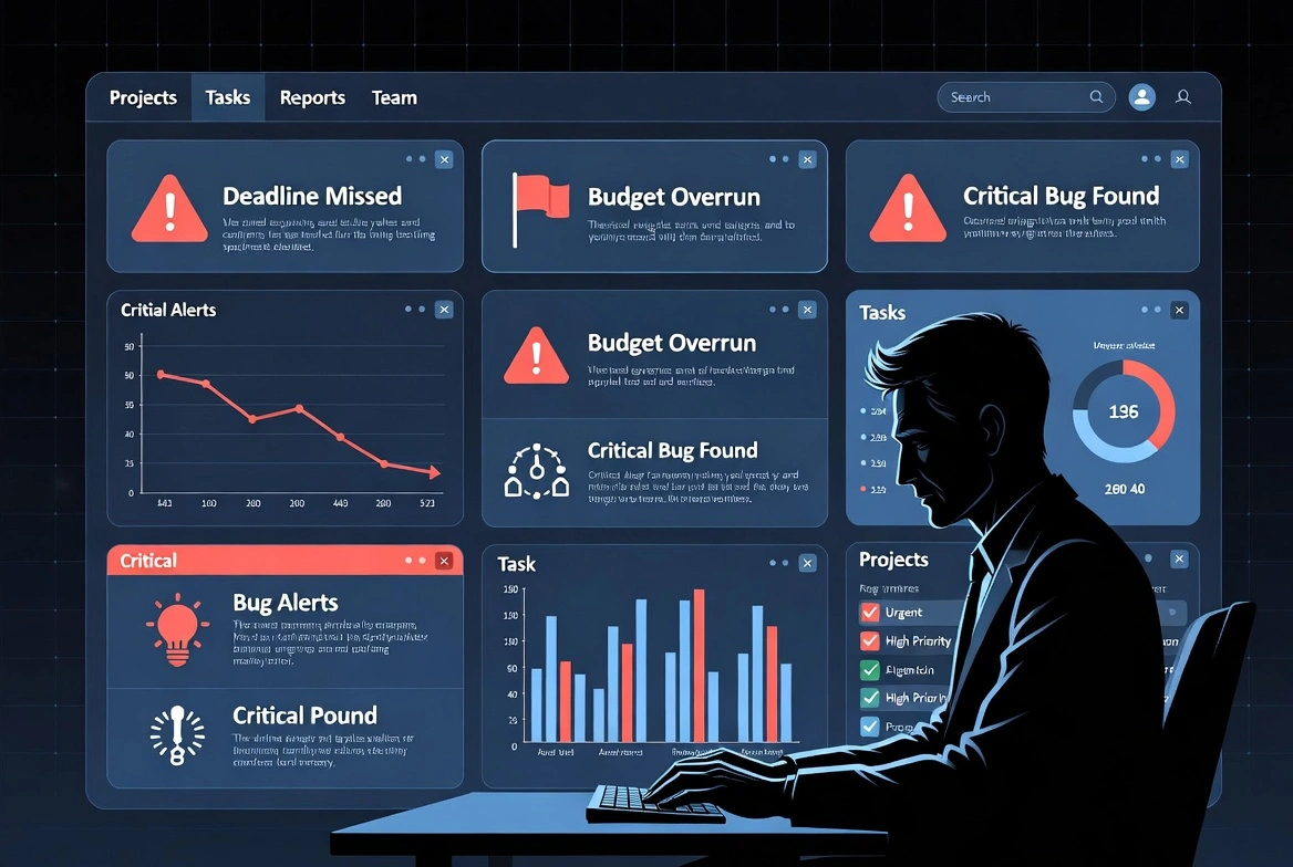 Digital project management dashboard showing missed deadlines, budget overrun, critical bugs and alerts