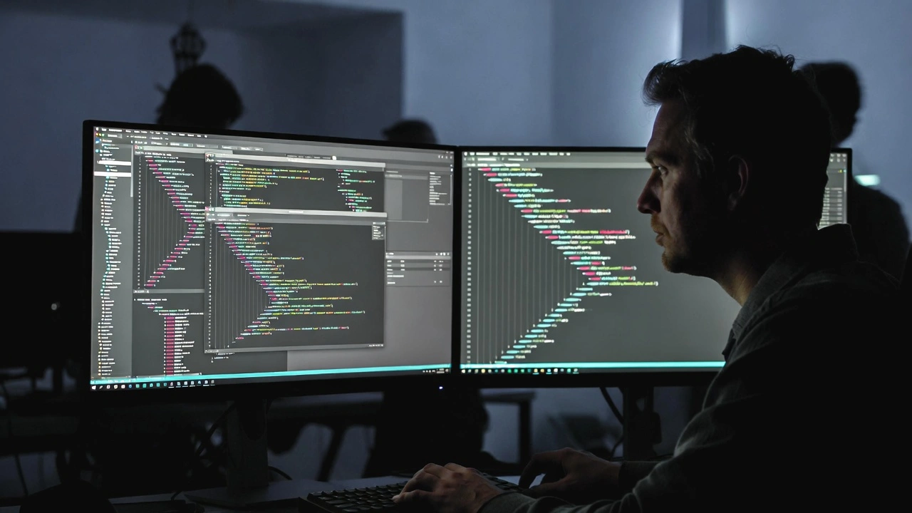 Developer coding on dual monitors in dimly lit office environment