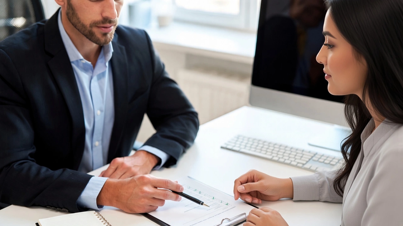Man and woman reviewing document with pen at office desk