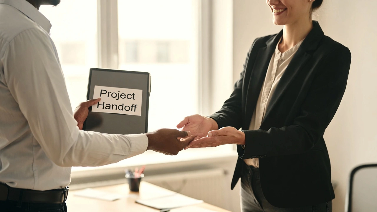 Professionals shaking hands during project handoff with labeled folder