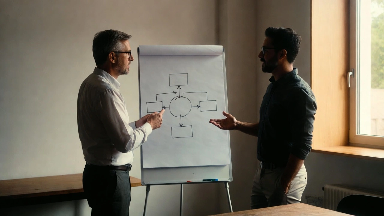 Two men discussing flowchart diagram on flipchart in bright office