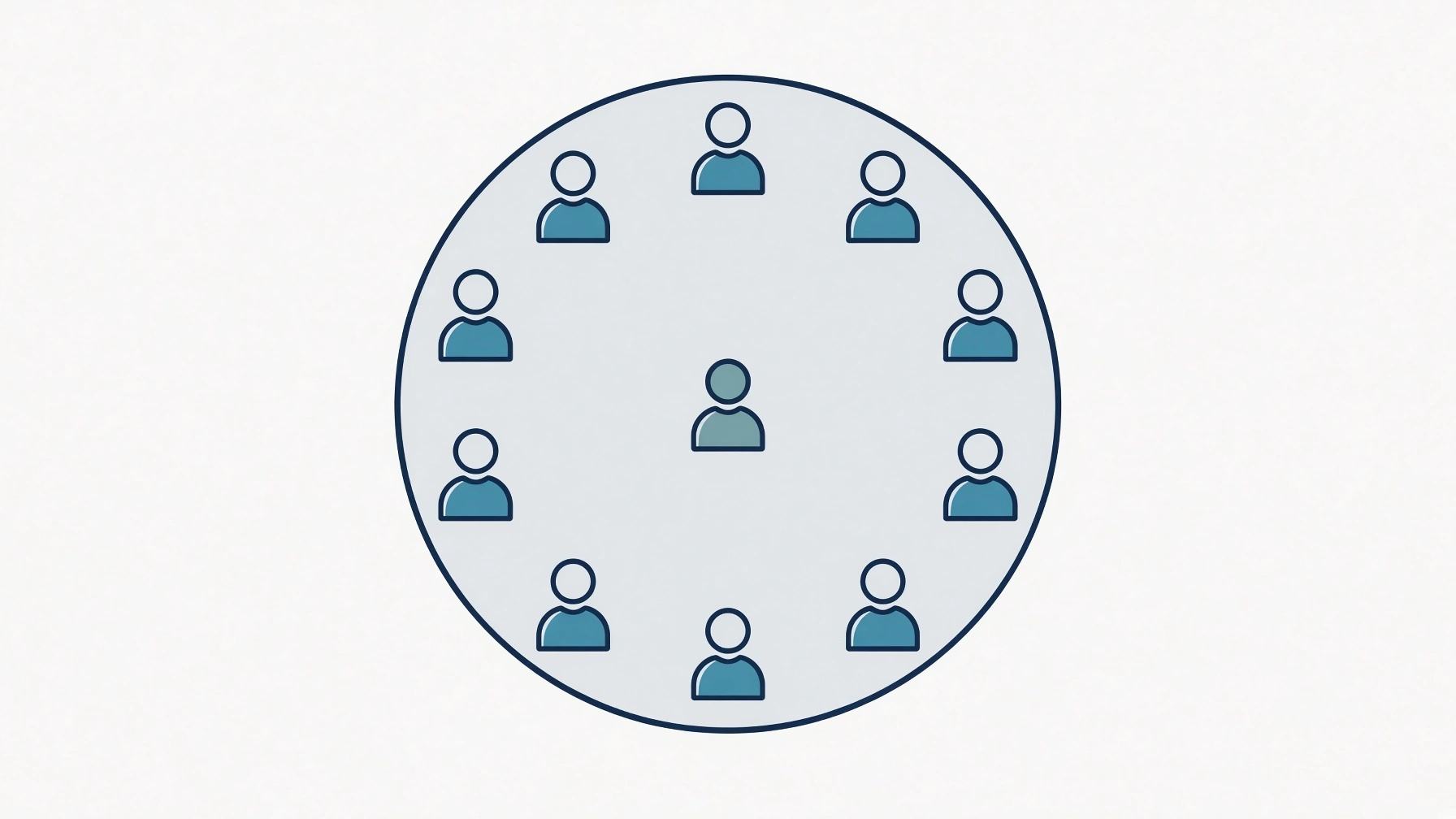 Circle of people icons surrounding one central figure on light background