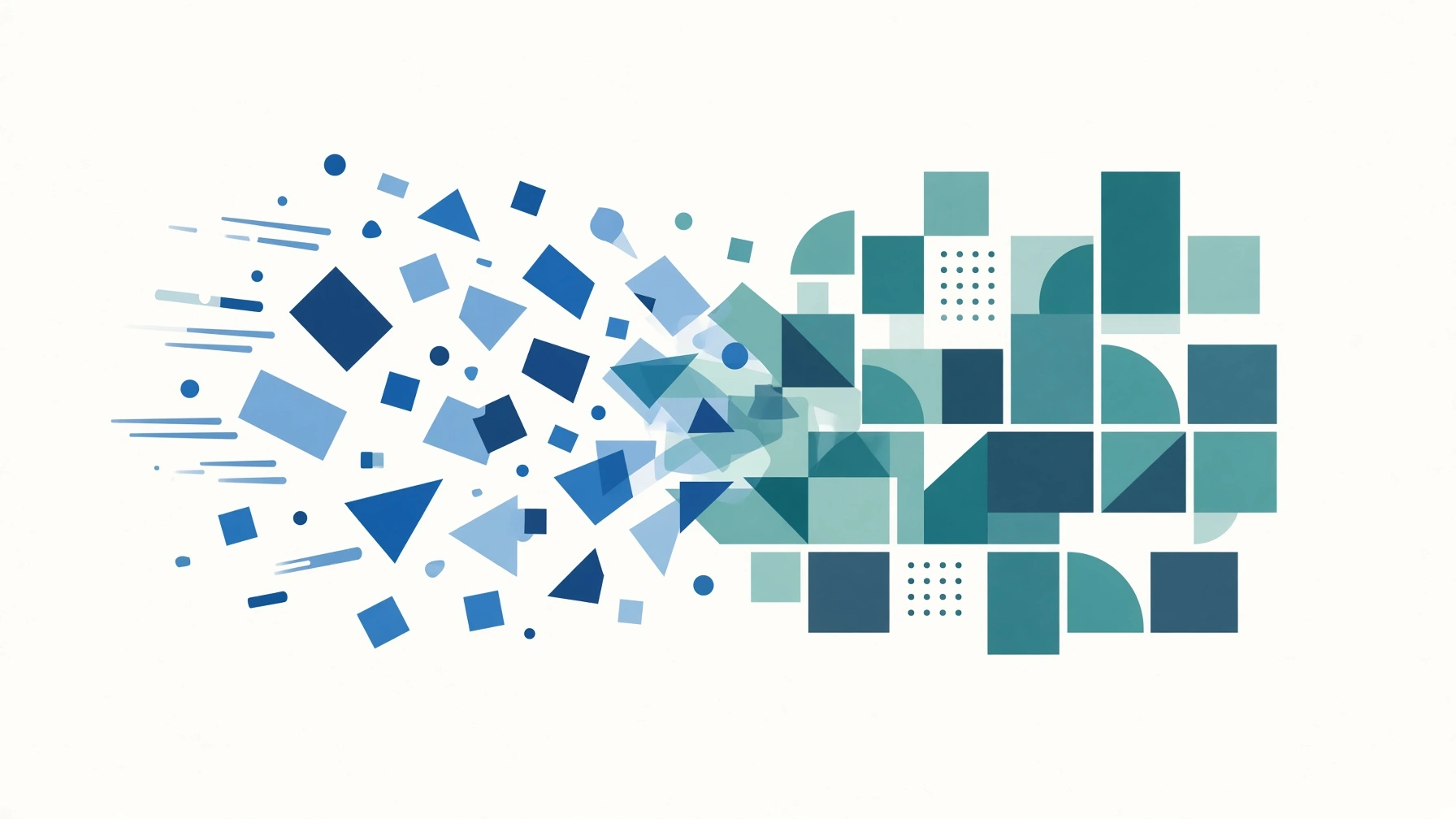 Scattered blue shapes assembling into an organized teal geometric grid