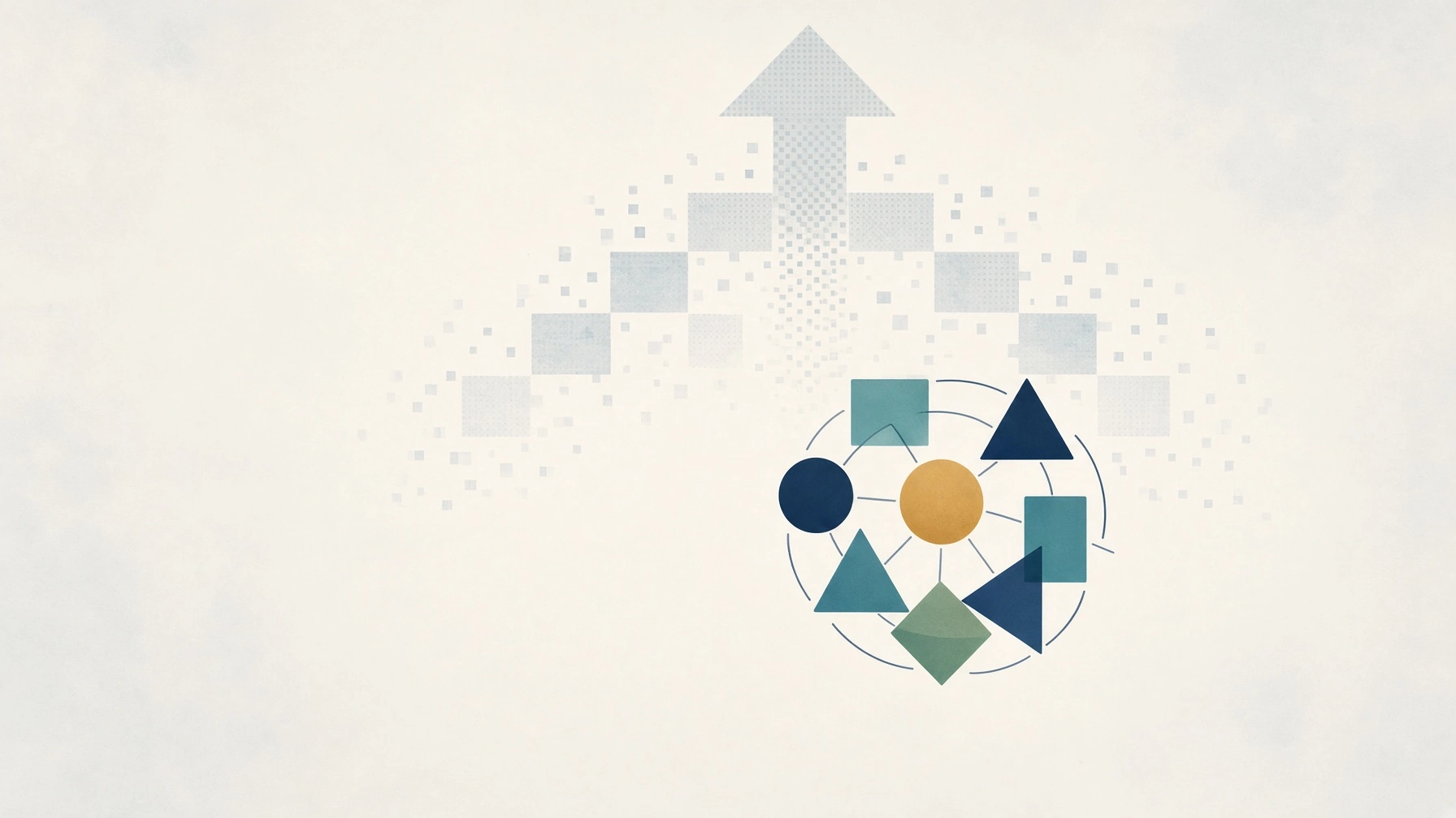 Upward pixel arrow above a circle of geometric shapes around a gold center