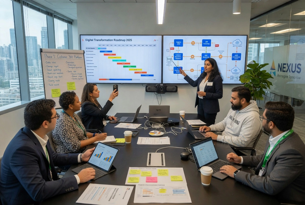 Business team in a meeting room discussing Digital Transformation Roadmap 2025 with large screens and presenter