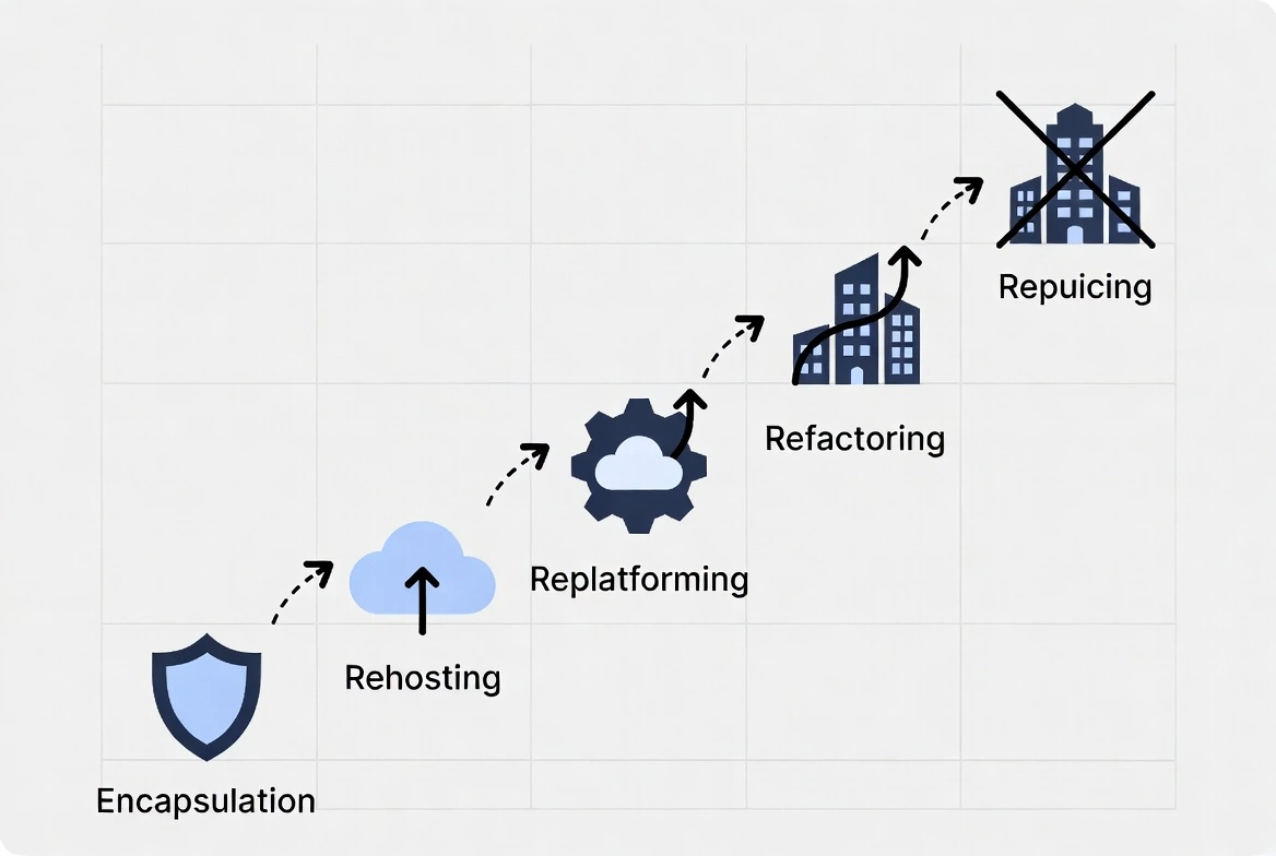 Cloud migration strategies diagram showing Rehosting, Replatforming, Refactoring, and Repurchasing with encapsulation shield