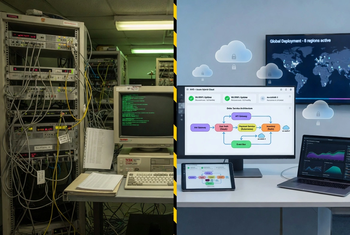 Split image comparing old legacy server room with tangled cables versus modern clean cloud-based architecture dashboard