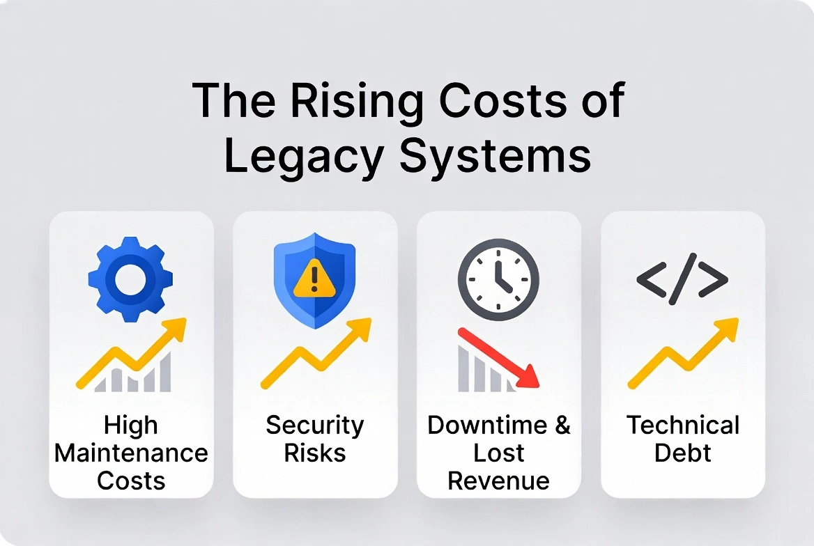 The rising costs of legacy systems: high maintenance, security risks, downtime, and technical debt