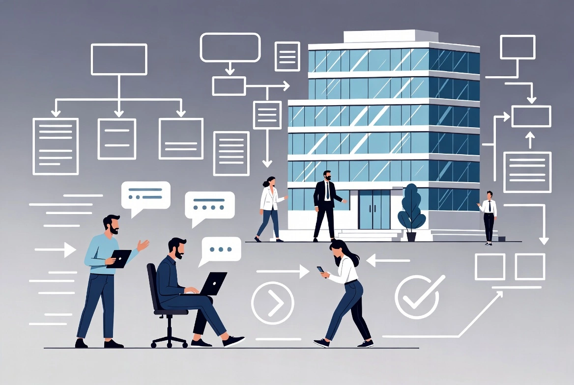 Business team collaborating with workflow diagrams and modern office building illustration