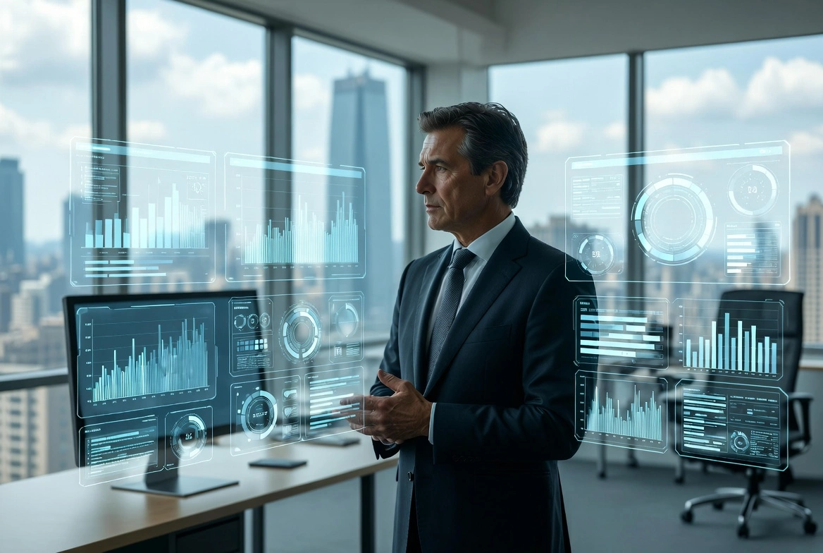 Executive man in suit viewing multiple holographic data dashboards in modern office
