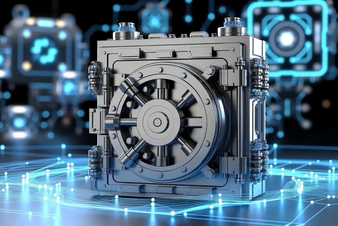 Secure futuristic digital vault with glowing blue circuits and technology elements
