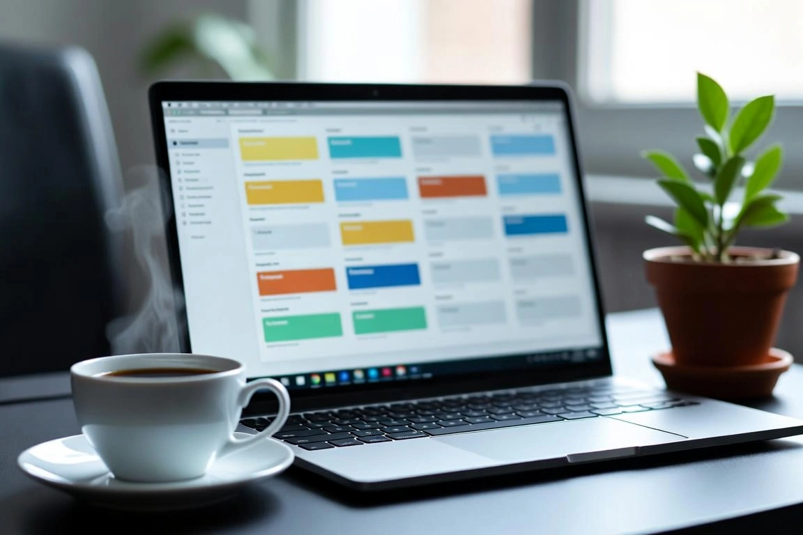 Laptop displaying colorful project board next to steaming coffee cup and plant