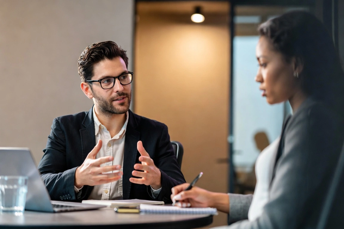 Man in glasses gesturing while discussing with woman taking notes in meeting