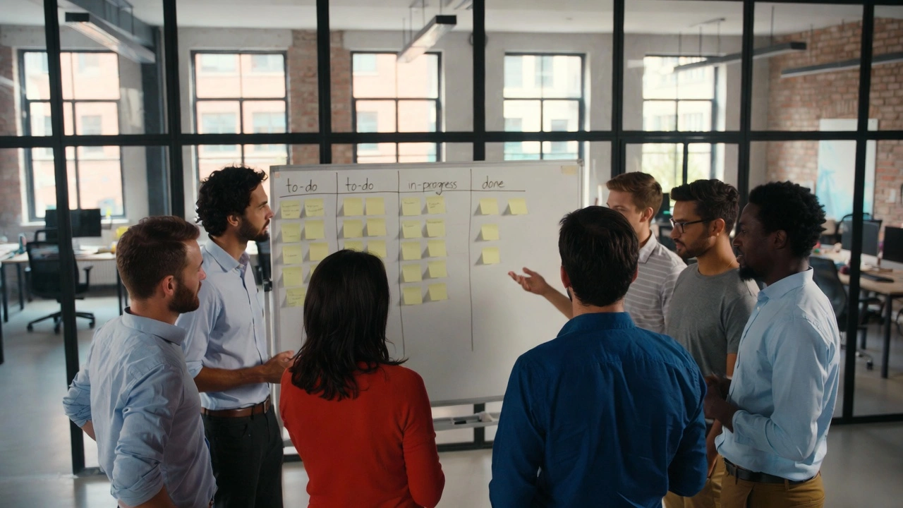 Team reviewing Kanban board with sticky notes on whiteboard in modern office