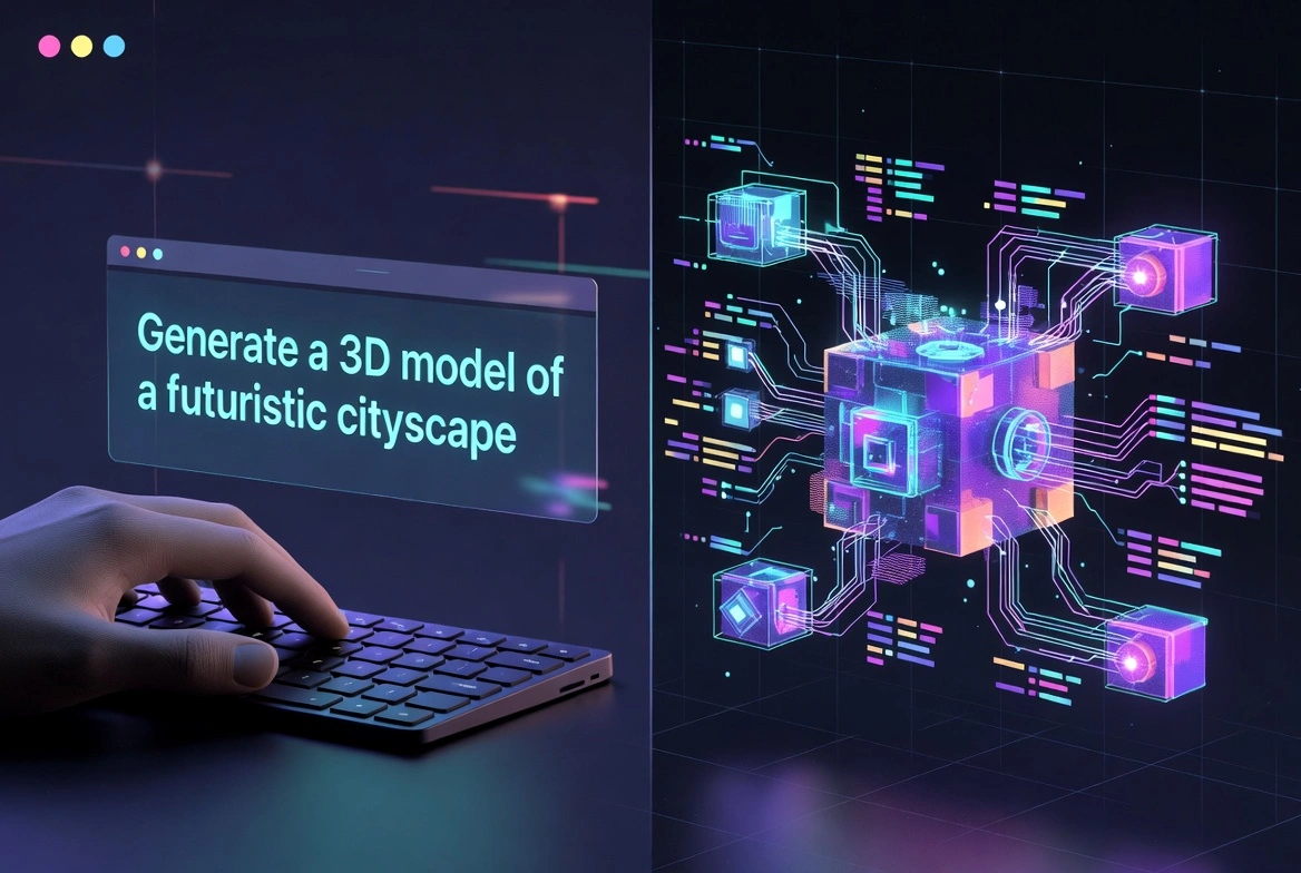 Futuristic scene with hand typing command to generate 3D model of a futuristic cityscape