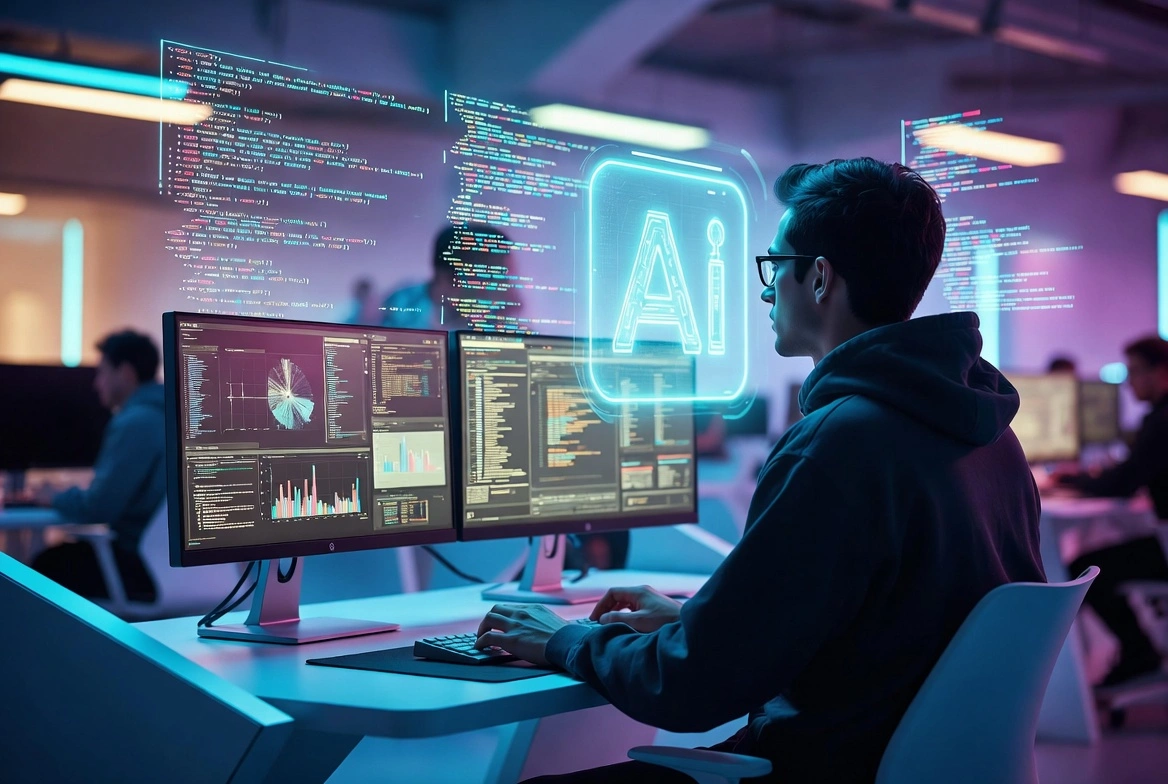 Man in hoodie working at dual monitors with glowing AI symbol and floating code in modern office