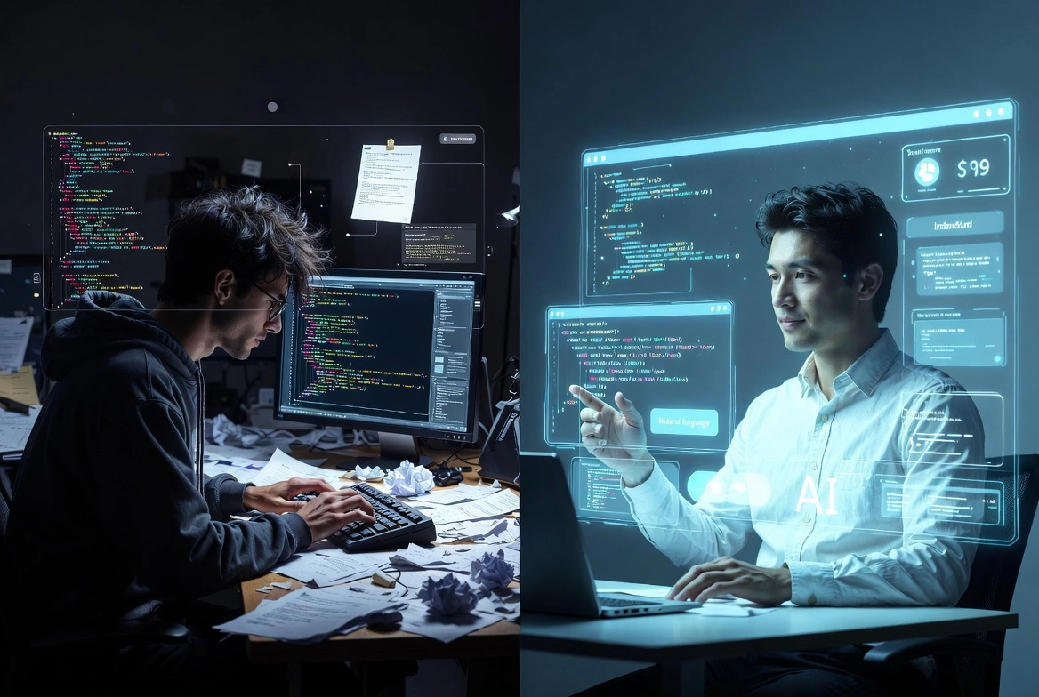 Split image: programmer coding in dark room vs confident man interacting with advanced AI interface